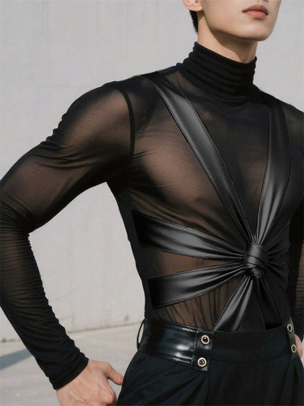 Men's Shimmer Knotted Sheer Mesh Long Sleeve T-Shirt SKUL24572