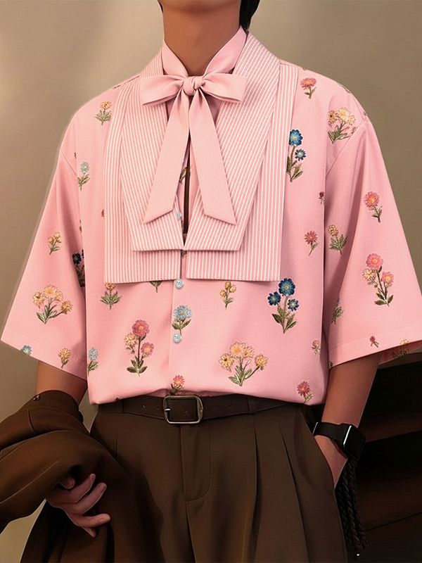 Men's Floral Print Striped Patchwork Half Sleeve Shirt SKUL53144