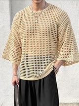 Men's Festival Fashion Crochet Hollow Out Oversized Dropped Shoulder Half Sleeve T-shirt SKUL55346