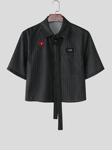 Men's 3D Floral Necktie Cropped Pinstripe Short Sleeve Shirt SKUL55375
