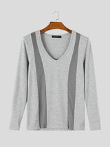 Men's Early Autumn Urban Casual Sheer Mesh Patchwork Deep V-Neck Muscle Fit Long Sleeve V-Neck T-shirt SKUL83997