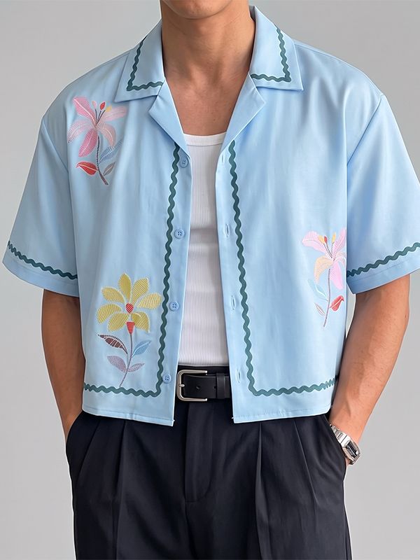 Men's Retro Floral Print Wavy Trim Cropped Camp Collar Shirt SKUL74582
