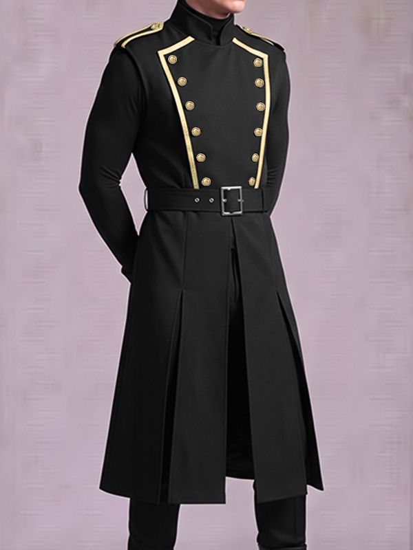 Men's Avant-Garde Retro Military Epaulet Double Breasted Knee Length Sleeveless Mandarin Collar Waistcoat SKUL81731