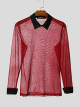 Men's Avant-Garde Sheer Mesh Contrast Collar Long Sleeve Shirt SKUL77323