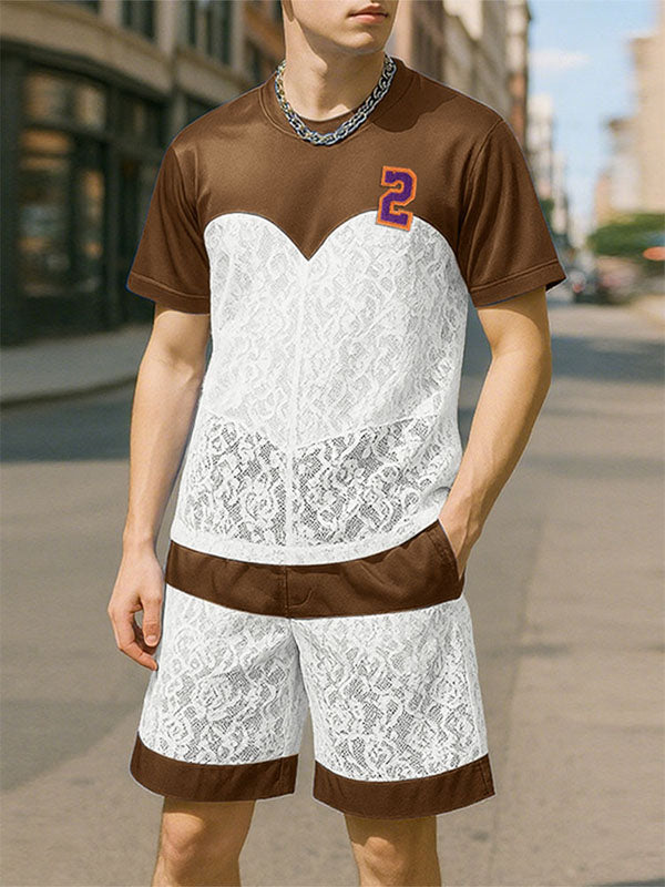Mens Digital Print Lace Patchwork Two Pieces Outfit SKUL20285
