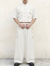 Men's New Chinese Style Floral Print Patchwork Cropped Frog Button Shirt SKUL61177