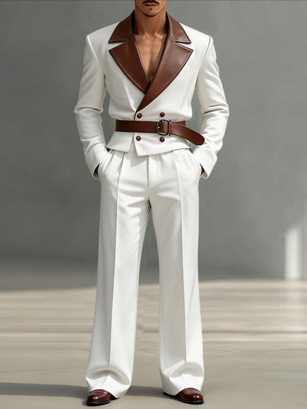 Men's Faux Leather Contrast Color Double Breasted Two Pieces Outfit SKUL47907