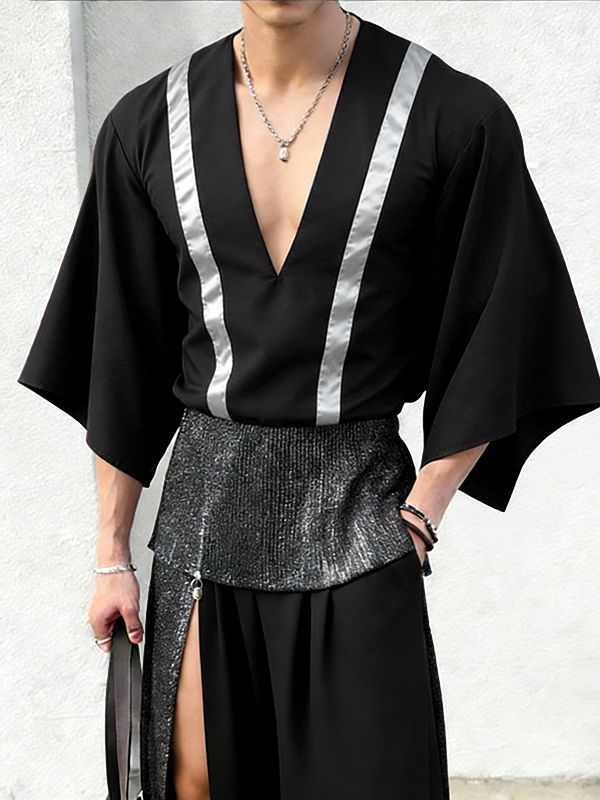 Men's Contrast Stripe Loose Deep V Neck Long Sleeve T-shirt SKUL51924