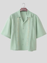 Men's Vintage Guayabera Cuban Collar Geometric Print Boxy Cropped Short Sleeve Shirt SKUL60213