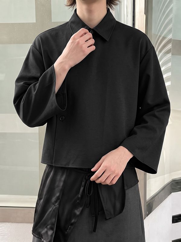 Men's Zen Minimalist Art Exhibition Asymmetric Side Button Lapel Cropped Shirt SKUL85533
