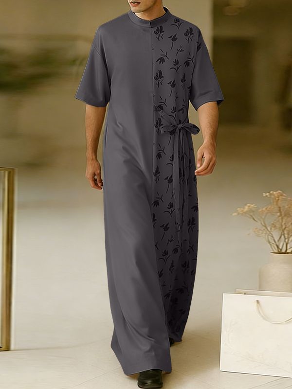 Men's Asymmetrical Half Floral Print Tie-Waist Mandarin Collar Short Sleeve Shirt SKUL57146
