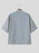 Men's New Chinese Style Pinstripe Asymmetrical Frog-Button Shirt SKUL56249