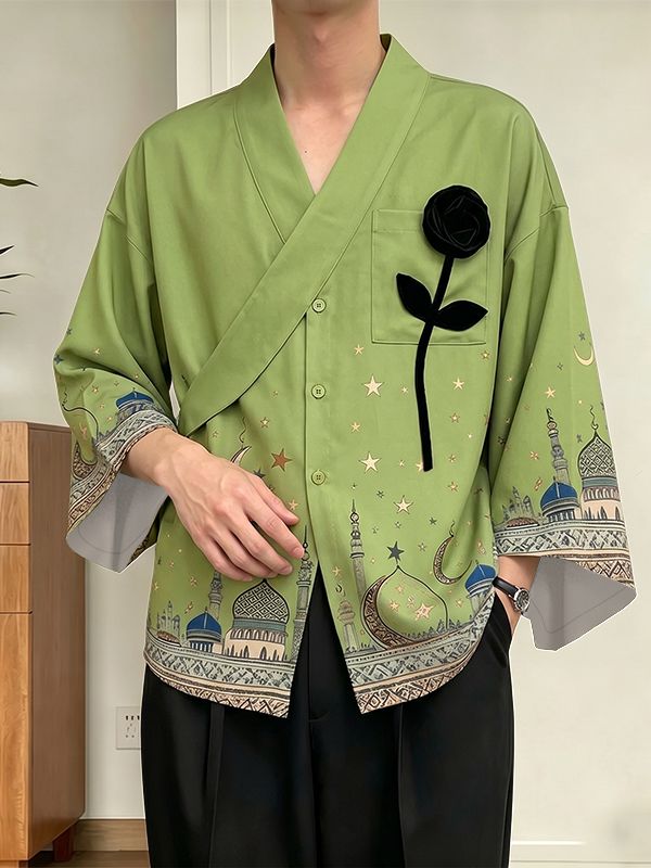 Men's Starry Moon Mosque Print 3D Rose Patch Loose Half-Sleeve Shirt SKUL61927