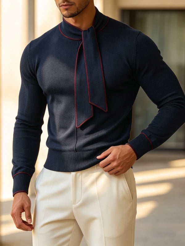 Men's Early Autumn Retro Contrast Trim Ribbon Neck Long Sleeve High Neck Pullover SKUL81061