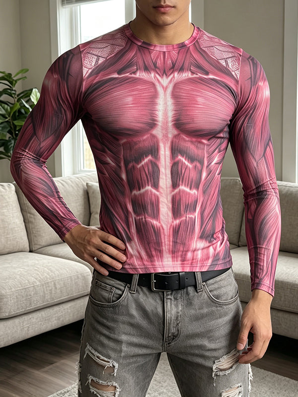 Men's Avant-Garde Party 3D Muscle Print Tight Fit Long Sleeve Round Neck T-shirt SKUL81070