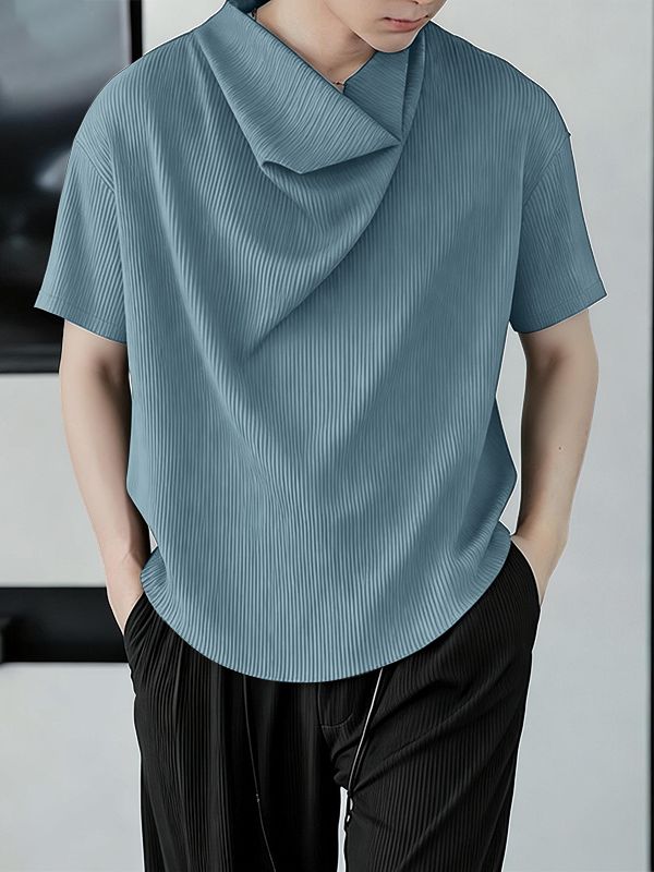 Men's Avant Garde Textured Draped Neck Short Sleeve Shirt SKUL61004