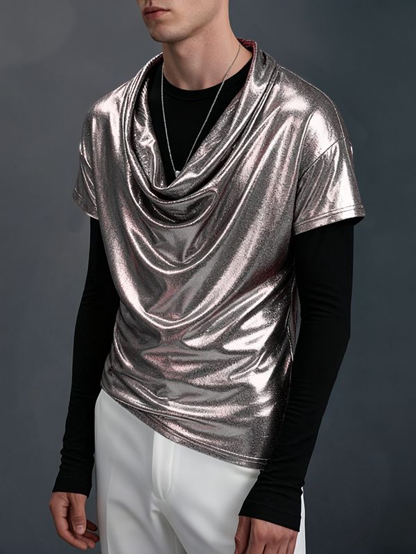 Men's Shiny Cowl Neck Short Sleeve T-Shirt SKUL40150