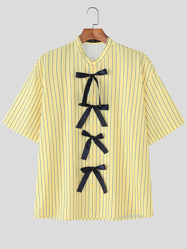 Mens Bow Ribbon Striped Short Sleeve Shirt SKUL19082