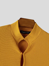 Men's Ribbed Slim Fit Mock Neck Cut Out Button Up Cropped T-shirt SKUL56542