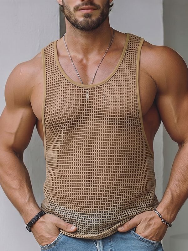Men's Avant-Garde High-Street All-Over Mesh Round Neck Tank SKUL72634