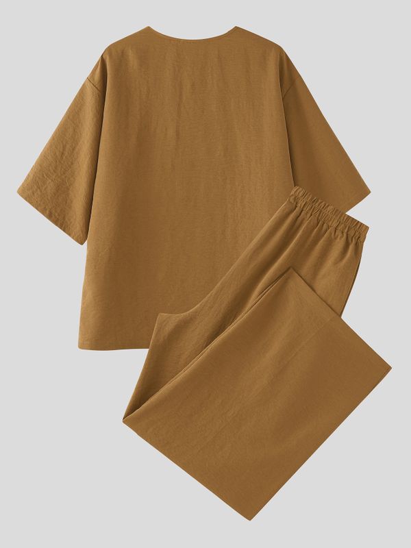 Men's Minimalist Solid Color V Neck Two Pieces Outfit SKUL53964