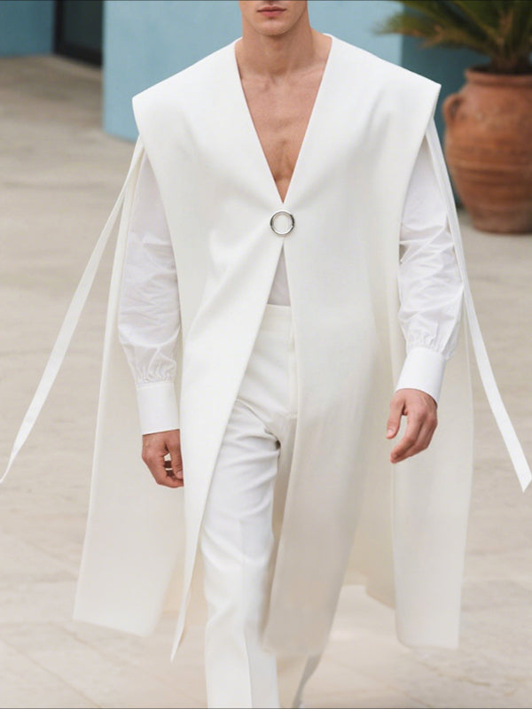 Men's Solid Color Ribbon Patchwork Casual Cloak SKUL37245