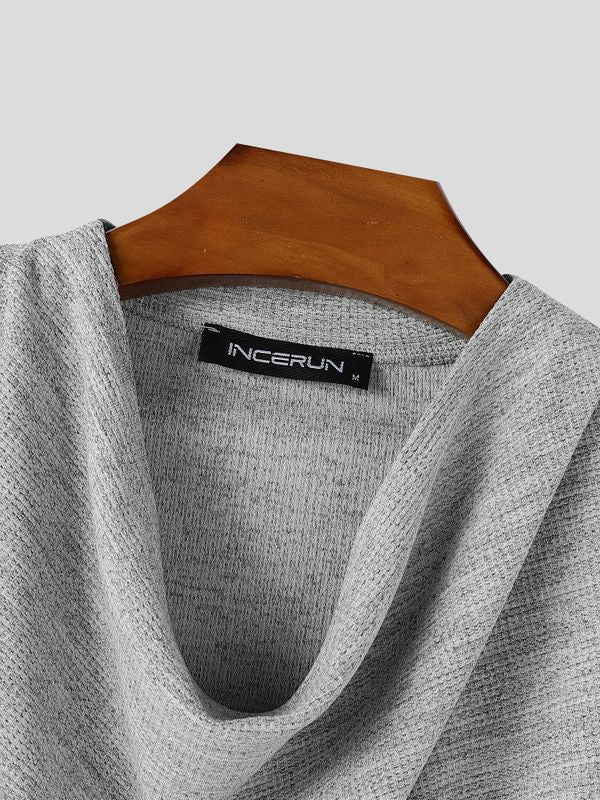 Men's Urban Casual Textured Knit Drop Shoulder 3/4 Sleeve Cowl Neck Two Pieces Outfit SKUL83167