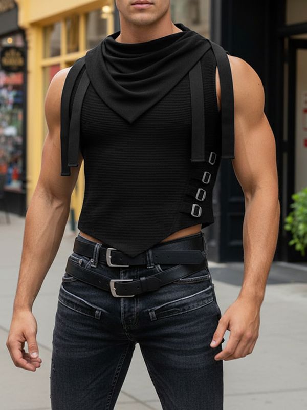 Men's Avant-Garde Knit Textured Draped Cowl Neck Tank SKUL54686