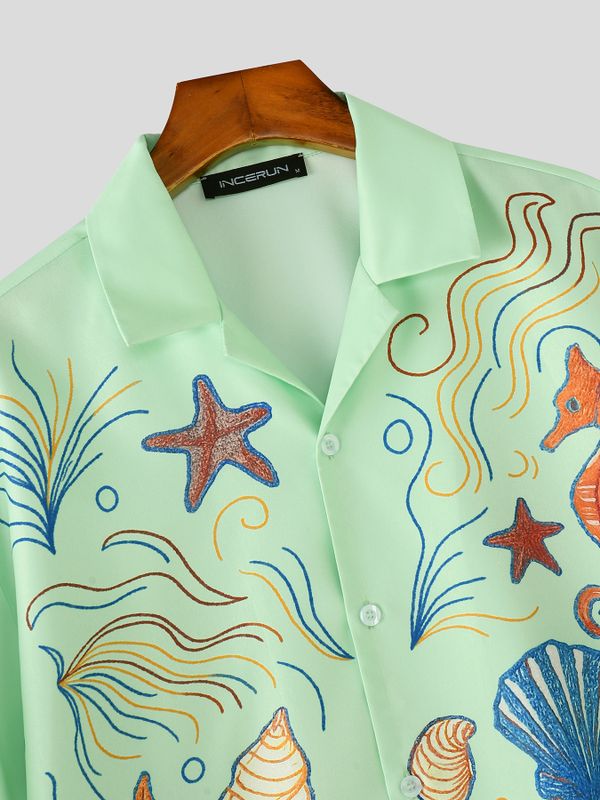 Men's Resort Vacation Lightweight Ocean Sea Life Graphic Cuban Collar Short Sleeve Shirt SKUL54692