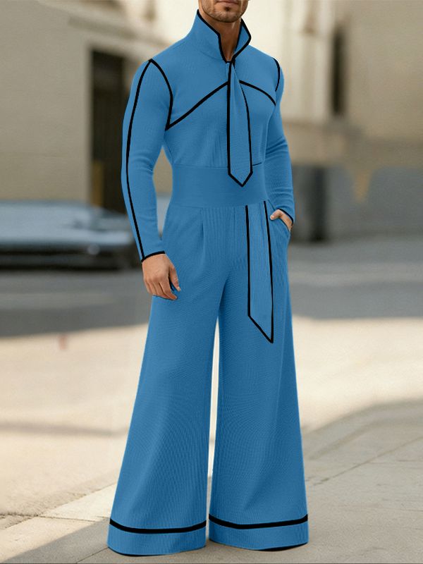 Men's Color Block Outlined Line Two Pieces Outfit SKUL43646