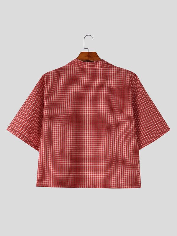 Men's Retro Plaid Boxy Cropped Camp Collar Short Sleeve Shirt SKUL75535