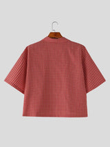 Men's Retro Plaid Boxy Cropped Camp Collar Short Sleeve Shirt SKUL75535