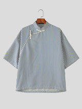 Men's New Chinese Style Pinstripe Asymmetrical Frog-Button Shirt SKUL56249