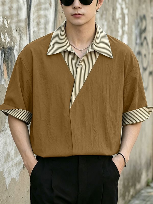Men's Modern City Boy Relaxed Faux-Layered Asymmetrical Pinstripe Patchwork Shirt SKUL60214