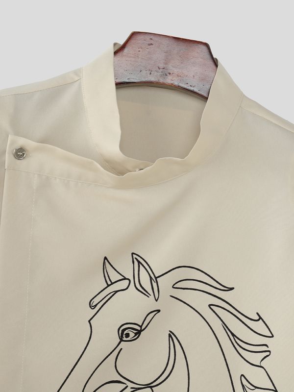 Men's Horse Zodiac Print Asymmetric Placket Shirt SKUL50569