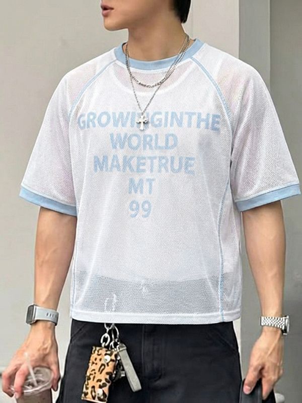 Men's Slogan Print Cut Out Color Block Short Sleeve T-shirt SKUL48724