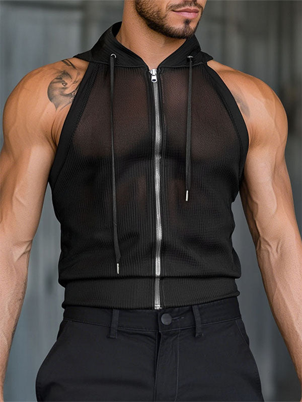 Mens Solid Color Sheer Mesh Hooded Tank SKUL10706