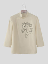 Men's Horse Zodiac Print Asymmetric Placket Shirt SKUL50569
