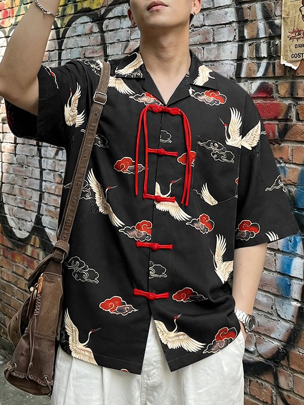 Men's Chinese Style Element Print Frog Button Short Sleeve Shirt SKUL56055
