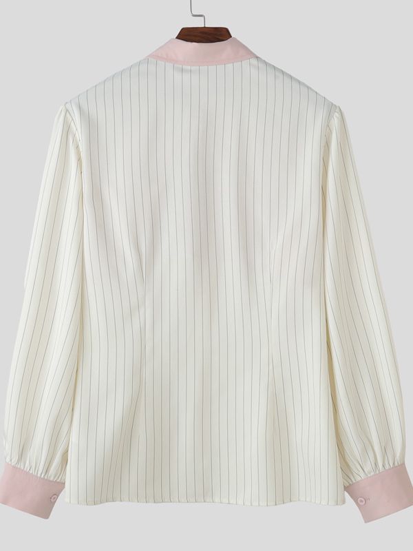 Men's Striped Color Block Cinched Waist Long Sleeve Shirt SKUL41383