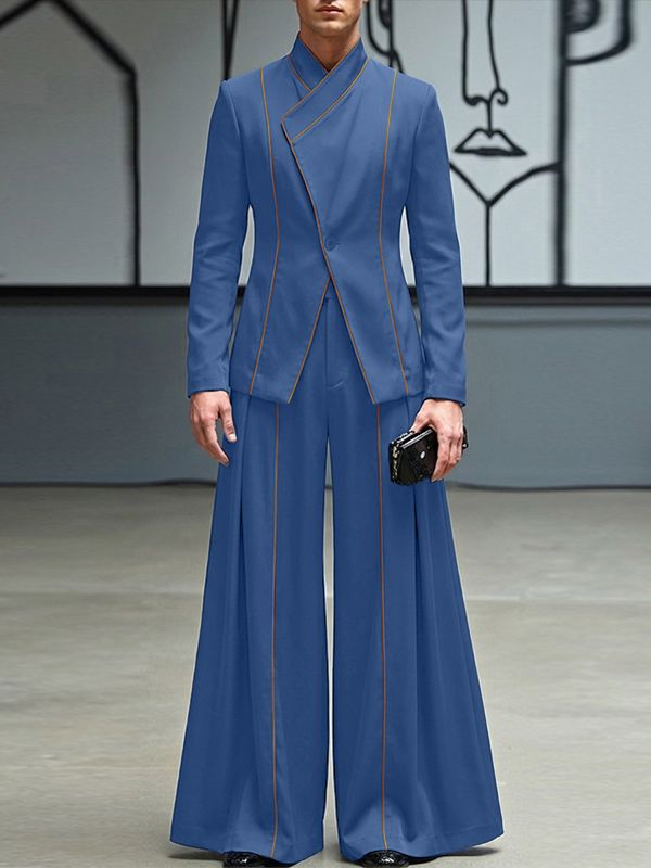 Men's Asymmetric Placket Contrast Trim Two Pieces Outfit SKUL50087