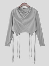 Men's Cutout Cropped Cowl Neck Long Sleeve T-shirt SKUL47776