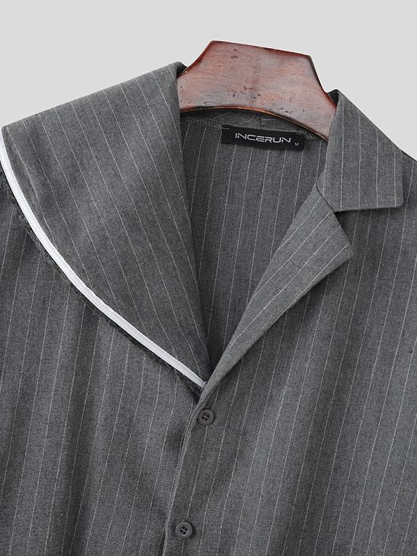 Men's Tassel Patchwork Stripe Asymmetric Collar Short Sleeve Shirt SKUL41086