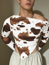 Men's Cow Print Knit Asymmetric Shoulder Long Sleeve T-shirt SKUL51826