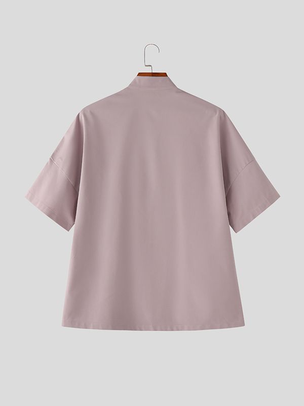 Men's Solid Color Frog Button Short Sleeve Shirt SKUL56252
