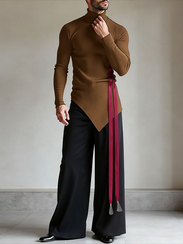 Men's Ribbon Tassel Patchwork Asymmetrical Hem High Neck Knitted T-shirt SKUL43939