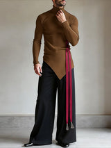 Men's Ribbon Tassel Patchwork Asymmetrical Hem High Neck Knitted T-shirt SKUL43939