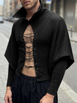 Men's Solid Color Textured Drawstring Long Sleeve Shirt SKUL42338