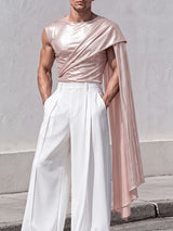 Men's Avant-Garde Glam Stage Runway Metallic Drape Cape One-Shoulder Tank SKUL82428