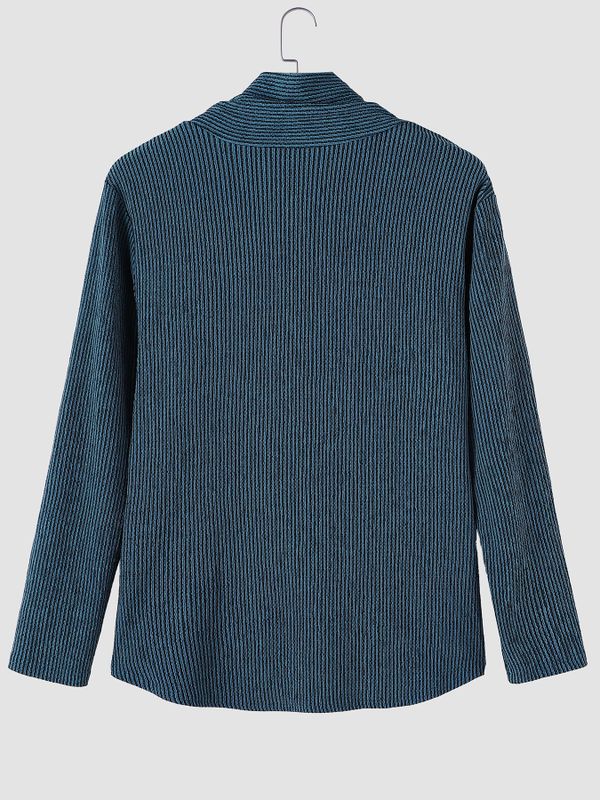 Men's Avant-Garde Early Autumn Casual Asymmetrical Side Button Vertical Stripe Long Sleeve Cowl Neck T-shirt SKUL83122
